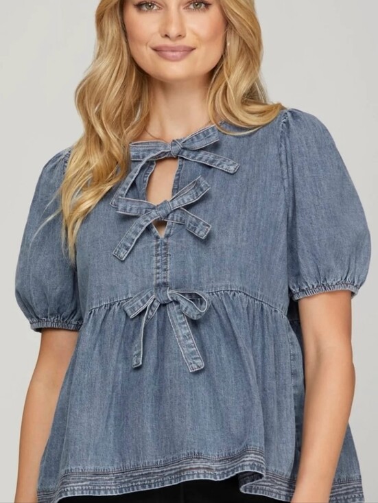 She + Sky Tops - She + Sky Light Blue Denim Tie-Front Peplum Tunic
